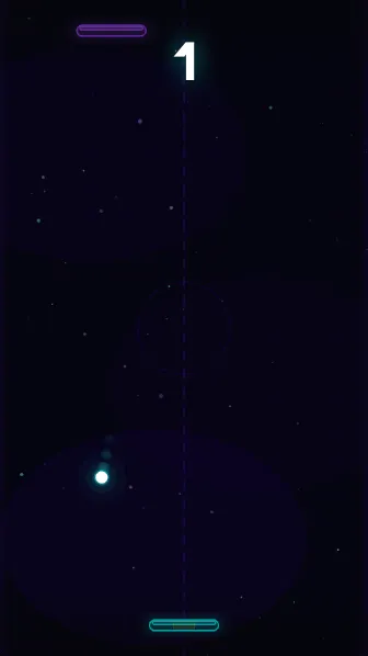 Neon Pong gameplay — glowing ball mid-rally between neon paddles