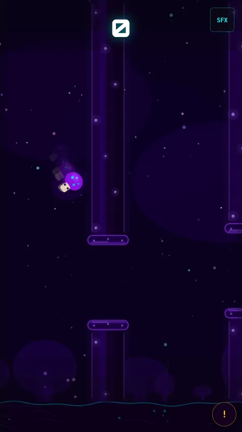 Spore Flight gameplay — mushroom flying past glowing neon obstacles